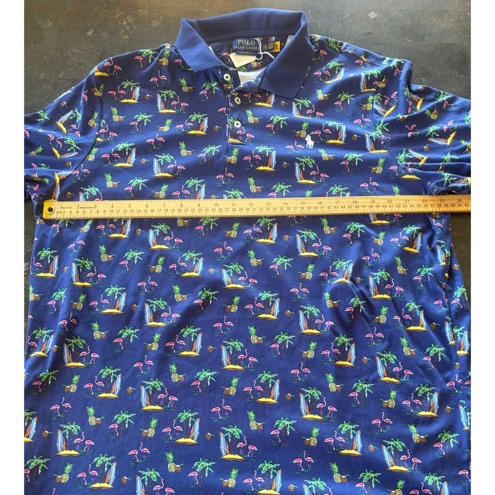 Polo Ralph Lauren Mens XXL Navy Blue Tropical Flamingo Pineapple Polo Shirt